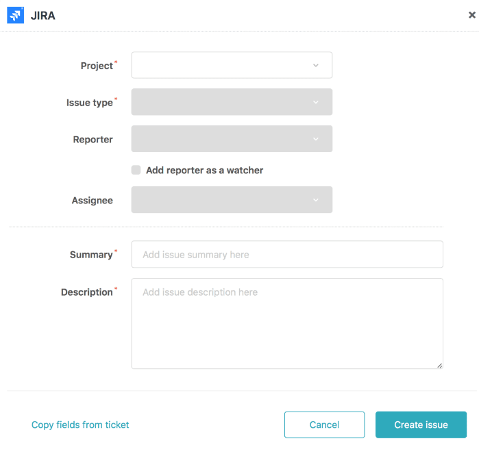Zendesk Jira Integration: JIRA Issue creation form.